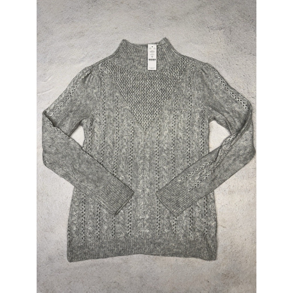 NWT WHBM Heather Gray Pearl Cable Mock neck Knit Sweater Size Small - Picture 1 of 5